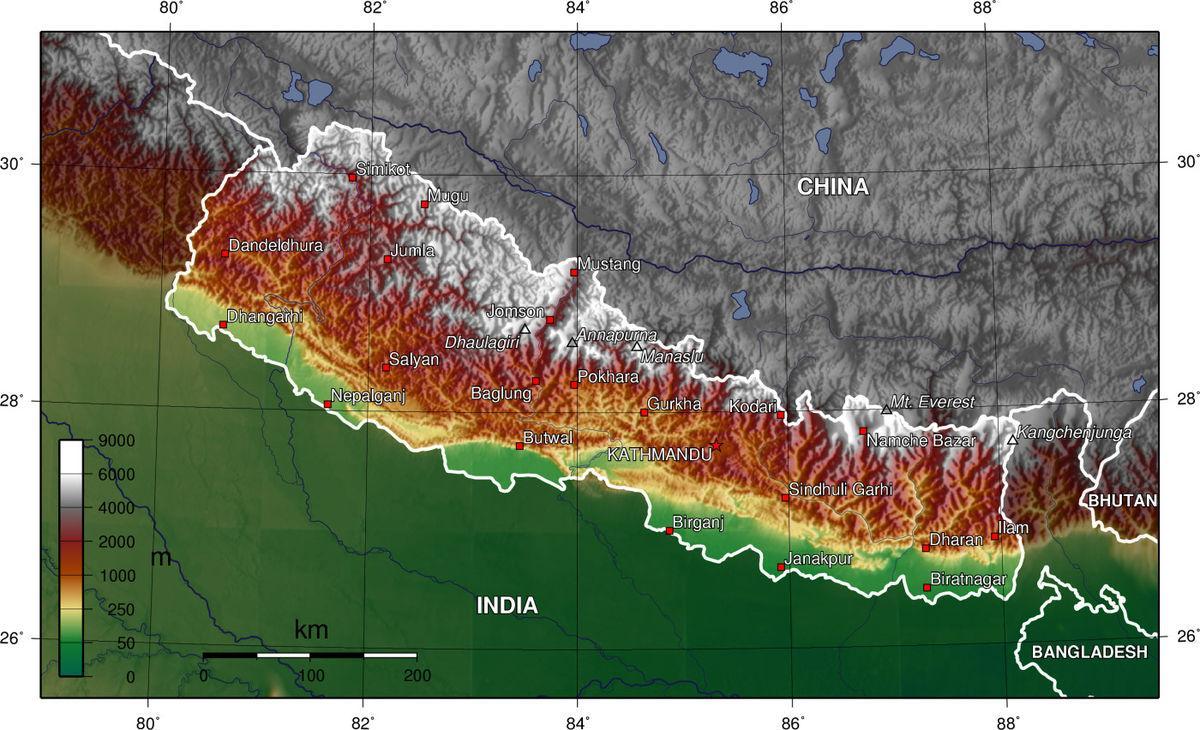 nepalas aukštis žemėlapyje