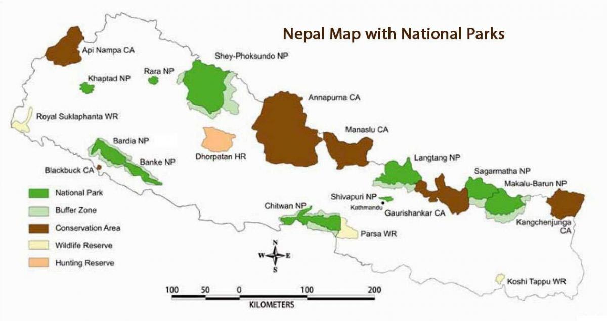 Žemėlapis nepalo su nacionalinių parkų