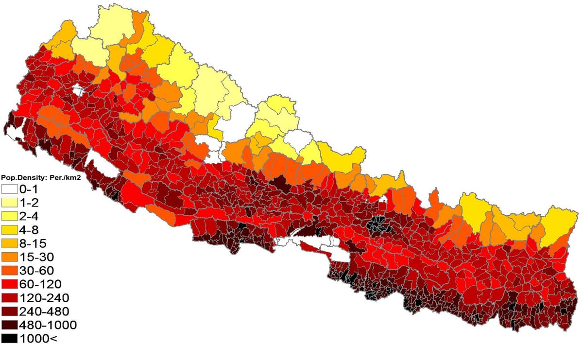 nepalo gyventojų tankumo žemėlapis