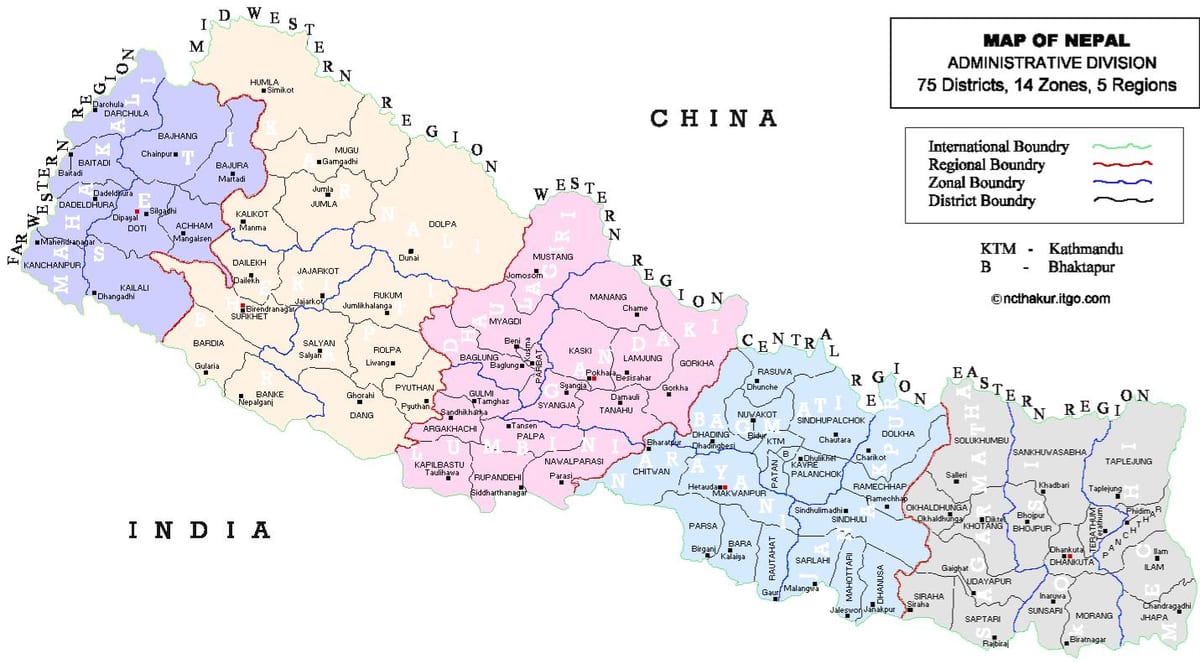 nepalas politinį žemėlapį su rajonų