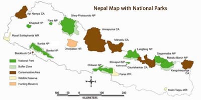 Žemėlapis nepalo su nacionalinių parkų