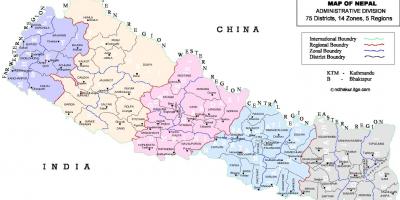 Nepalas politinį žemėlapį su rajonų